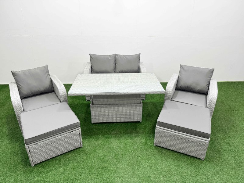 Fimous Light Grey PE Wicker Rattan Garden Furniture Set Sofa Set Reclining Chair Adjustable Lifting Dining or Coffee Table 6 Seater 2 Big Stools