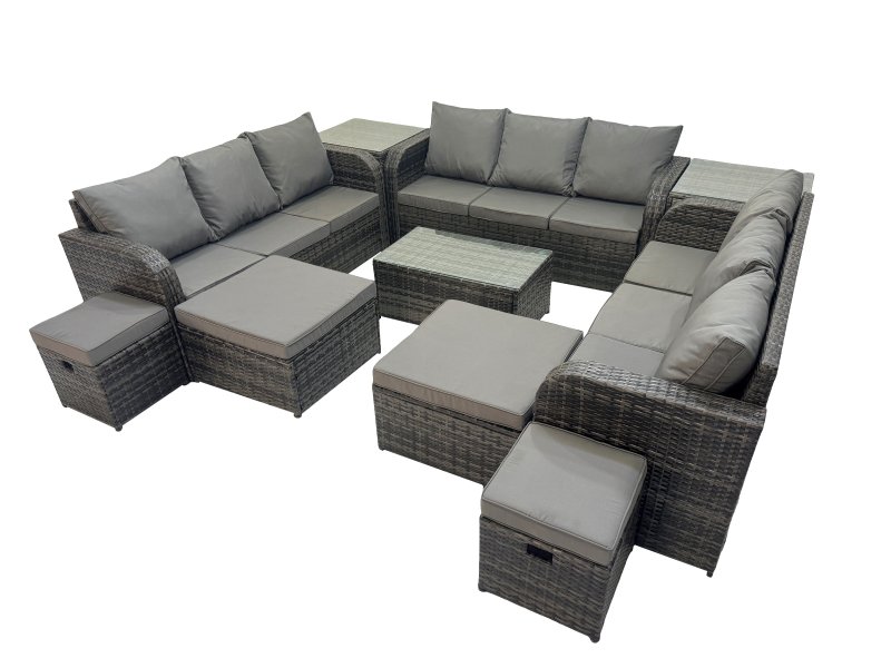 Fimous Outdoor 3 Seater Sofa Coffee Table Set Garden Rattan Furniture Set 13 Seater with 2 Side Tables 4 Stools Dark Grey