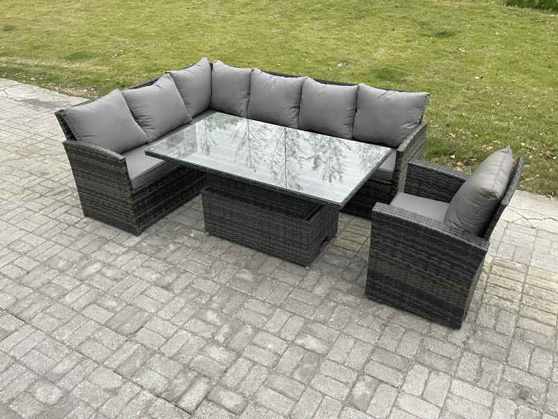 Fimous Wicker PE Outdoor Rattan Garden Furniture Set Height Adjustable Rising Lifting Table Sofa Dining Set with Armchair Dark Grey Mixed