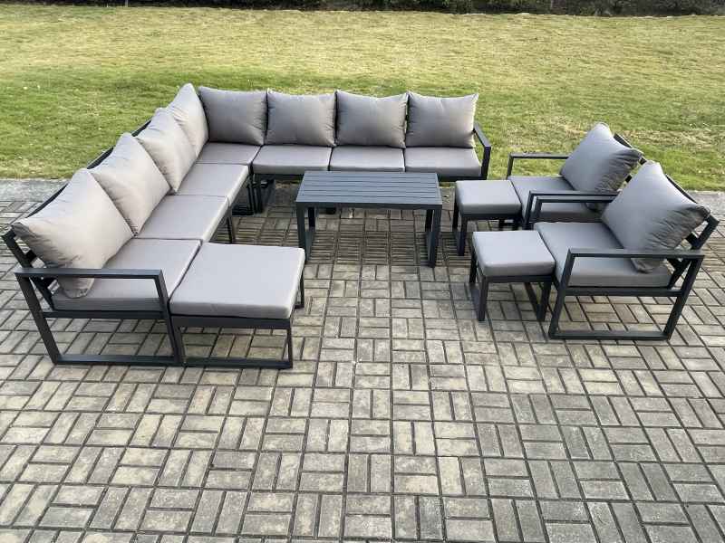 Fimous Aluminium Outdoor Garden Furniture Set Lounge Corner Sofa Oblong Coffee Table 2 Pcs Chair Sets with 3 Footstools Dark Grey