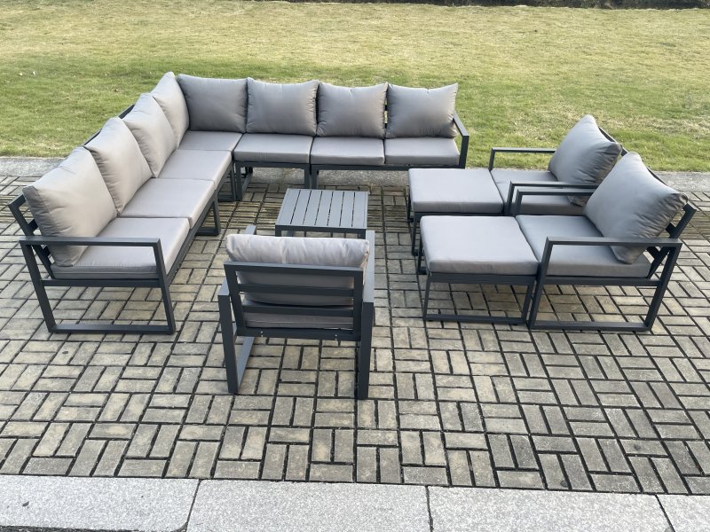 Fimous Aluminium Outdoor Garden Furniture Set Lounge Corner Sofa 3 Pcs Chair Square Coffee Table Sets with 2 Big Footstools Dark Grey
