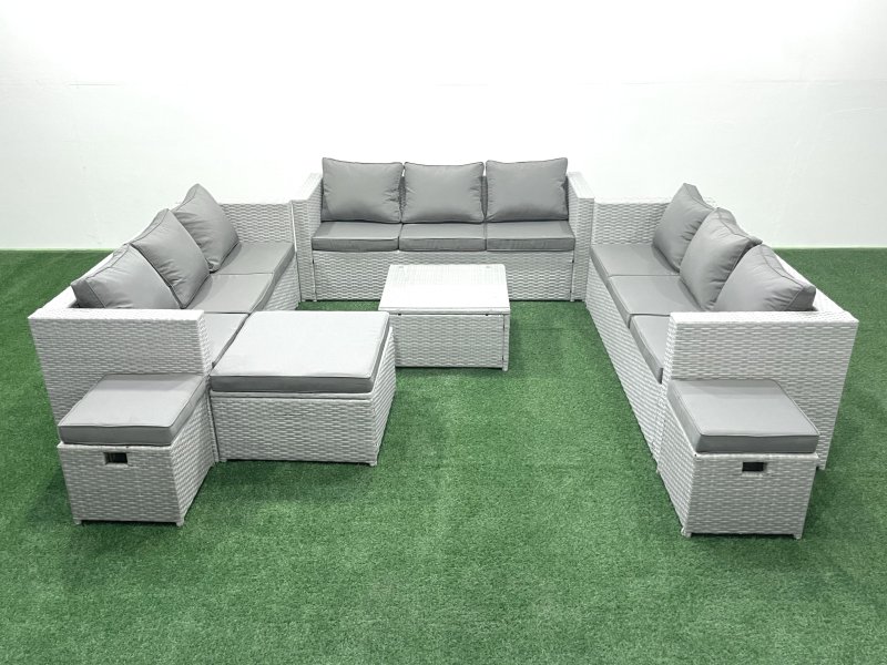 Fimous Rattan Garden Outdoor Furniture Set 12 Seater Rattan Garden Sofa Set with 3 Footstools Light Grey Mixed