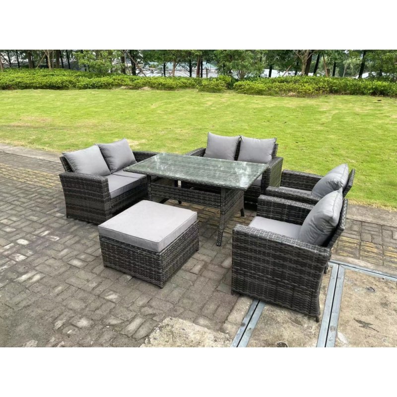 Fimous 7 Seater High Back Dark Grey Mixed Rattan Sofa Dining Table Set Garden Furniture Love Sofa Arm Chair