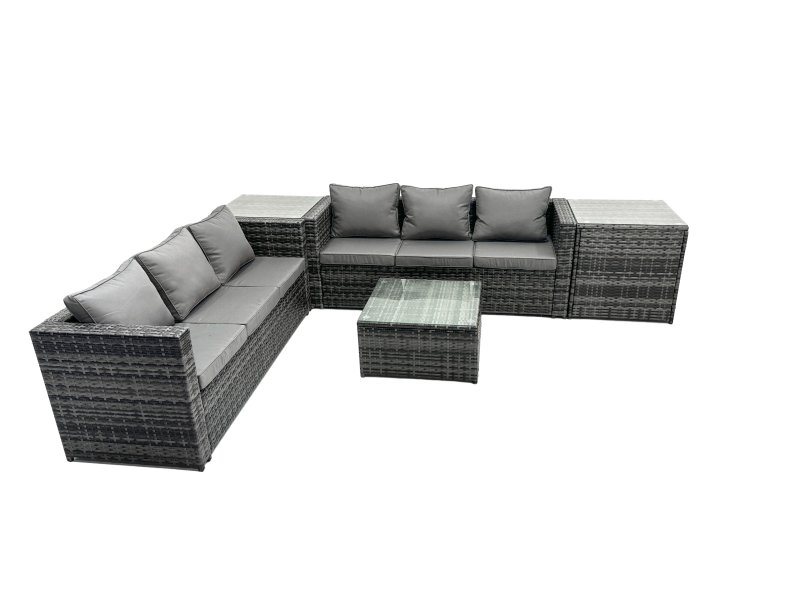 Fimous Outdoor Rattan Garden Furniture Set 6 Seater Patio Lounge Sofa Set with Square Coffee Table 2 Side Table Dark Grey Mixed