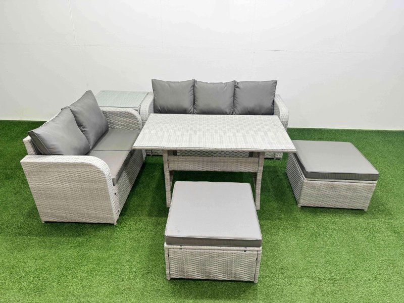 Fimous 7 Seater PE Rattan Wicker Garden Furniture Patio Conservatory Sofa Set with Rectangular Dining Table 3 Seater Sofa Love Sofa 2 Big Footstool Side Table