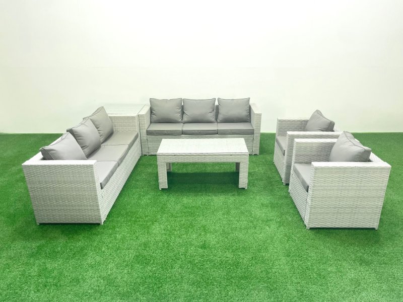 Fimous Outdoor Garden Furniture Rattan Sofa Set with 2 Armchairs Oblong Coffee Table Side Table Light Grey Mixed