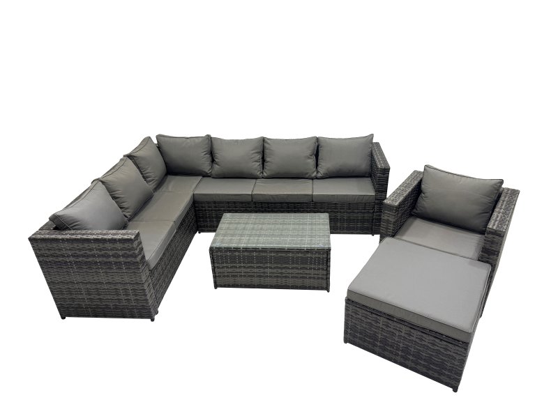 Fimous Outdoor Rattan Rectangular Coffee Table Corner Sofa Sets Garden Furniture Set with Big Stool Dark Grey Mixed