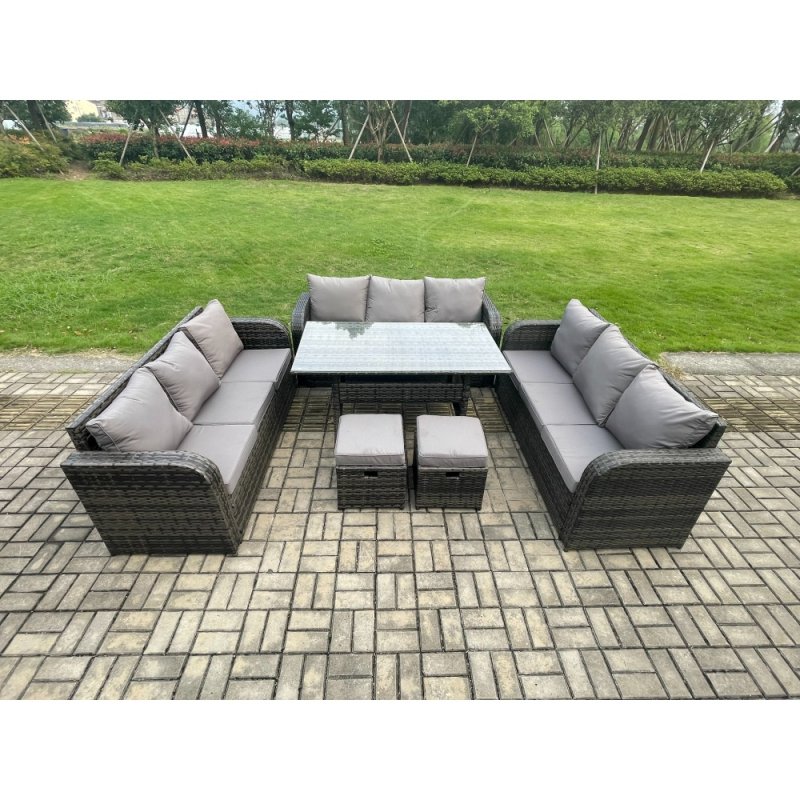 Fimous Rattan Garden Furniture Set with Oblong Rectangular Dining Table 2 Small Footstools 11 Seater Outdoor Lounge Sofa Set Dark Grey Mixed