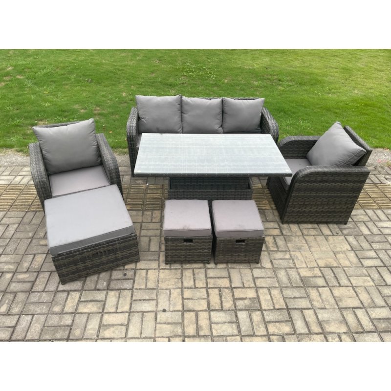 Fimous Outdoor Rattan Furniture Garden Dining Sets Height Adjustable Rising lifting Table and Chair Set With Lounge Sofa 3 Footstools
