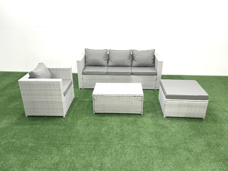 Fimous Rattan Garden Furniture Set with 3 Seater Sofa Chair Rectangular Coffee Table Big Footstool Light Grey Mixed 5 Seater