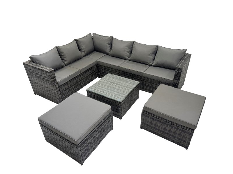 Fimous Rattan Garden Furniture Patio Furniture Sets with Corner Sofa Square Coffee Table 2 Big Footstools Dark Grey Mixed