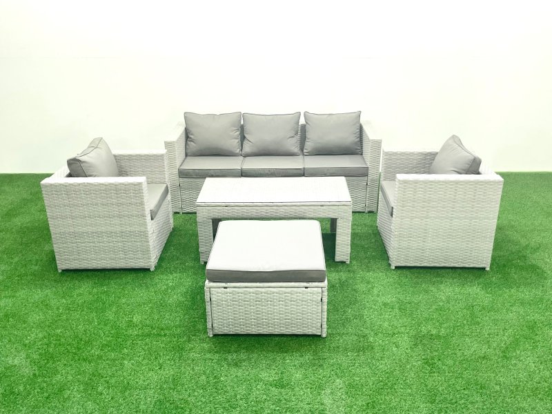 Fimous Rattan Garden Furniture Set 5 Pieces Outdoor Garden Sofa Oblong Coffee Table Set with 2 Chairs Stool Light Grey Mixed