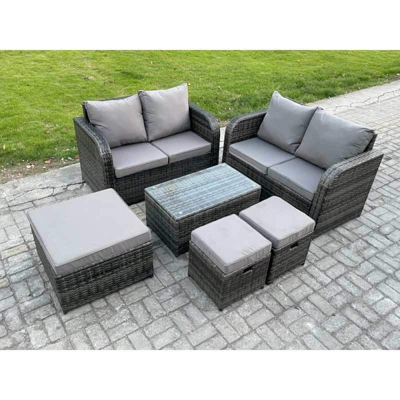 Fimous 7 Seater Garden Furniture Set Rattan Outdoor Lounge Sofa Chair With Tempered Glass Table 3 Footstools Dark Grey Mixed