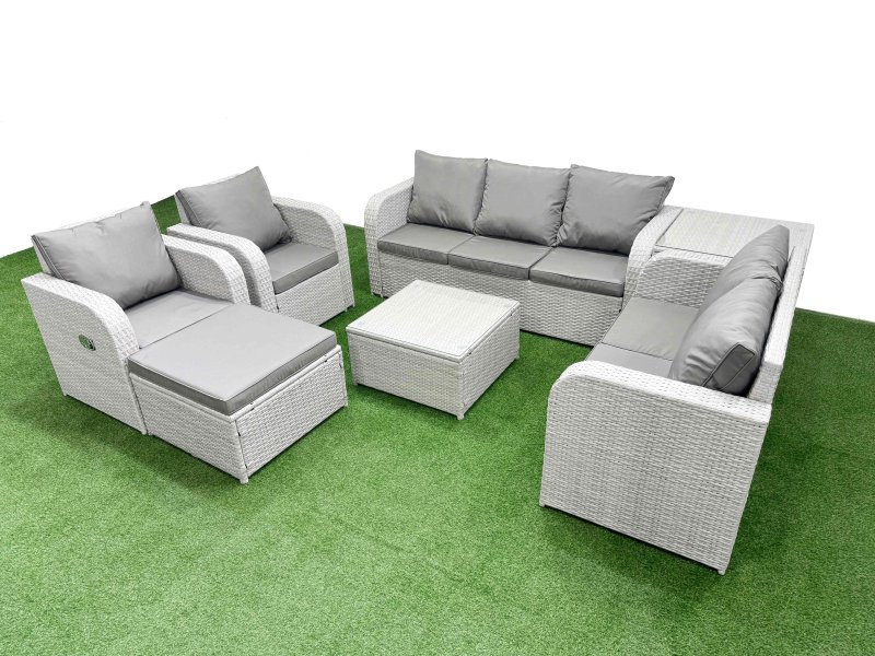 Fimous PE Rattan Garden Furniture Set Adjustable Chair Sofa Double Love Seat 2 Seater Sofa Lounge Set Square Coffee Table Big Footstool Side Table Light Grey