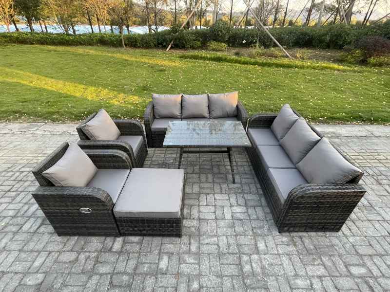 Fimous 9 Seater Rattan Outdoor Garden Furniture Sofa Set Patio Table & Chairs Set with 3 Seater Sofa Rectangular Dining Table Big Footstool Dark Grey Mixed