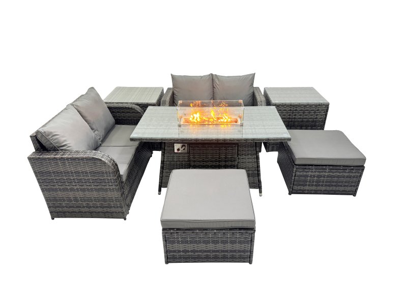 Fimous 6-seater Patio Gas Firpit Dining Table Sofa Sets Rattan Garden Furniture Dining Set with 2 Big Stools 2 Side Tables Dark Grey Mixed