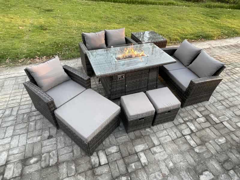 Fimous 8 Seater Rattan Outdoor Garden Furniture Gas Fire Pit Table Sets Gas Heater with Love Sofa Armchair 3 Footstools Side Table Dark Mixed Grey