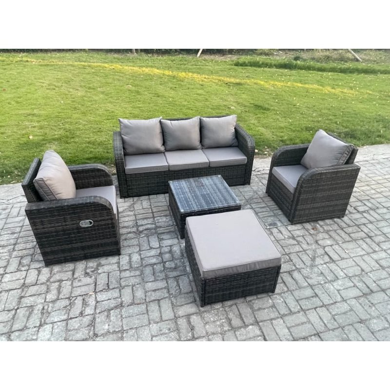 Fimous Garden Furniture Sets 6 Seater Wicker Rattan Furniture Patio Sofa Sets with Reclining Chair 3 Seater Sofa Big Footstool Dark Grey Mixed