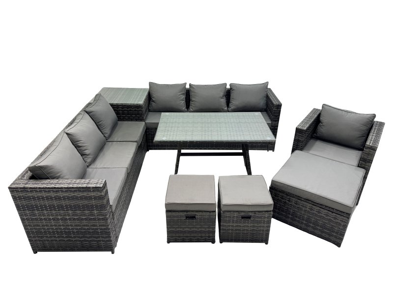 Fimous Outdoor Corner Sofa Chair Dining Table Set Garden Rattan Furniture Set 10 Seater with Side Table 3 Stools Dark Grey