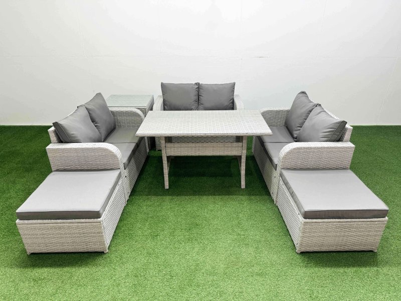Fimous 8 Seater PE Wicker Rattan Furniture Sofa Sets with Rectangular Dining Table 2 Seater Love Sofa 2 Big Footstool Side Table Light Grey