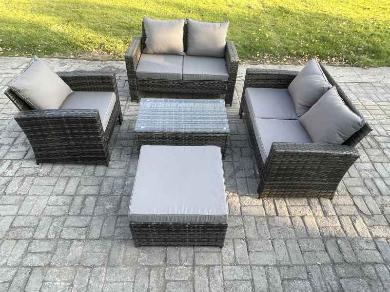 Fimous Wicker Rattan Garden Furniture Sofa Set with Rectangular Coffee Table Double Seat Sofa Chair Big Footstool 6 Seater Outdoor Rattan Set Dark Grey Mixed