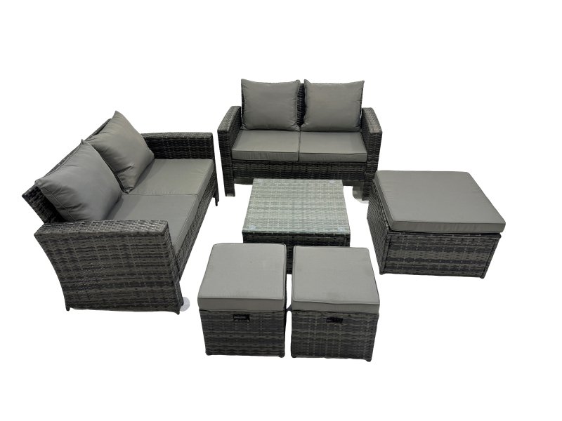 Fimous PE Rattan Garden Furniture Set Lounge Double Seat Sofa Coffee Table Set with 3 Stools Dark Grey Mixed