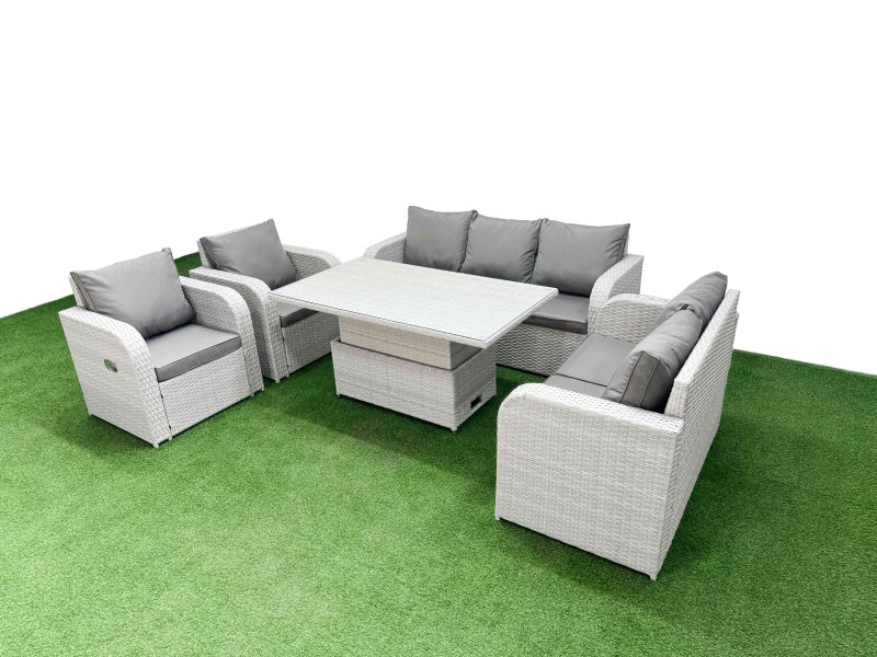 Fimous PE Rattan Garden Furniture Set Reclining Chair Sofa Double Love Seat 2 Seater Sofa Lounge Set Adjustable Lifting Dining or Coffee Table Light Grey