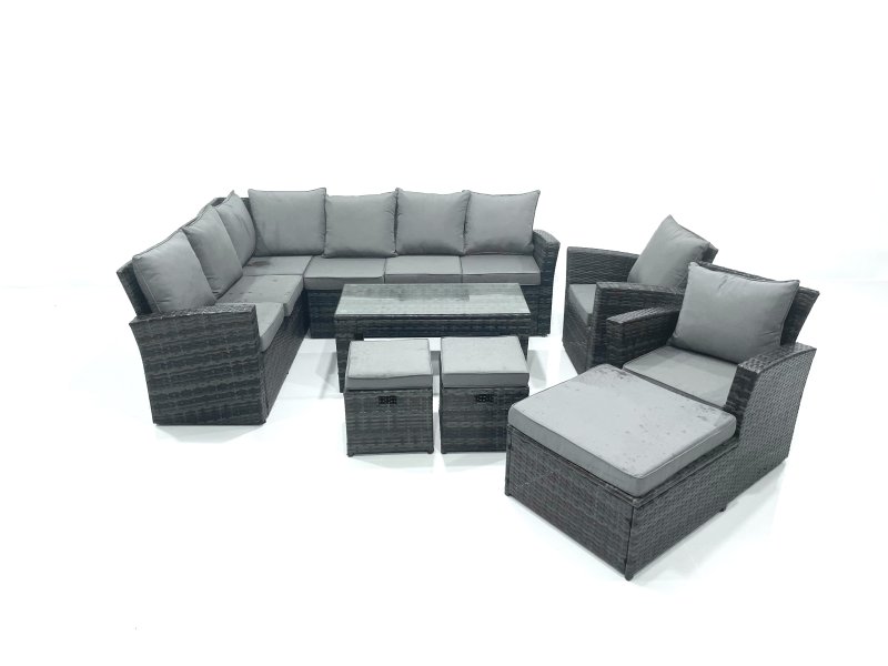 Fimous 11 Seat Rattan Garden Furniture Corner Sofa Set Outdoor Patio Sofa Chair Table Set with 2 Small Footstools Big Footstool Dark Grey Mixed