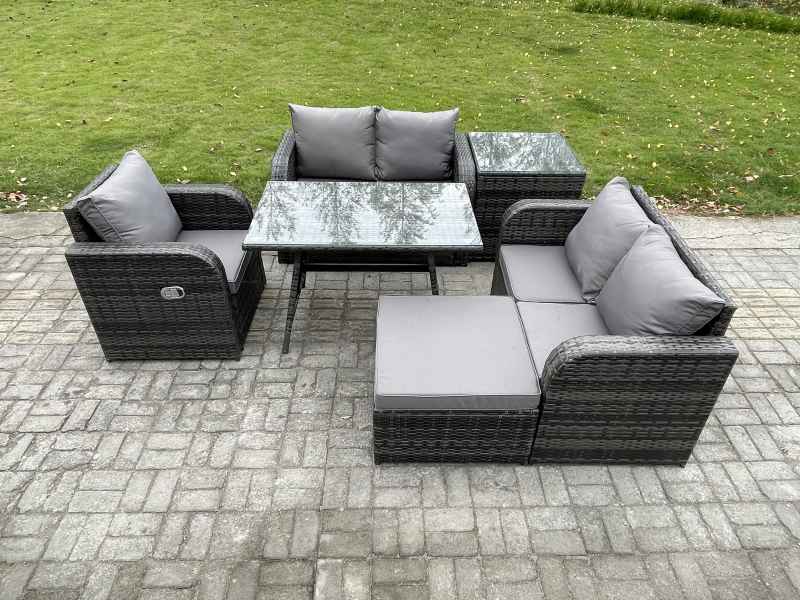 Fimous 6 Pieces Outdoor Garden Dining Sets Rattan Furniture With Dining Table Armchairs Love Sofa Big Footstool Side Table Dark Grey Mixed
