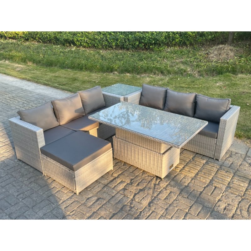 Fimous Rattan Garden Funiture Set Adjustable Rising Lifting Table Sofa Dining Set With Side Coffee Tea Table Footstool