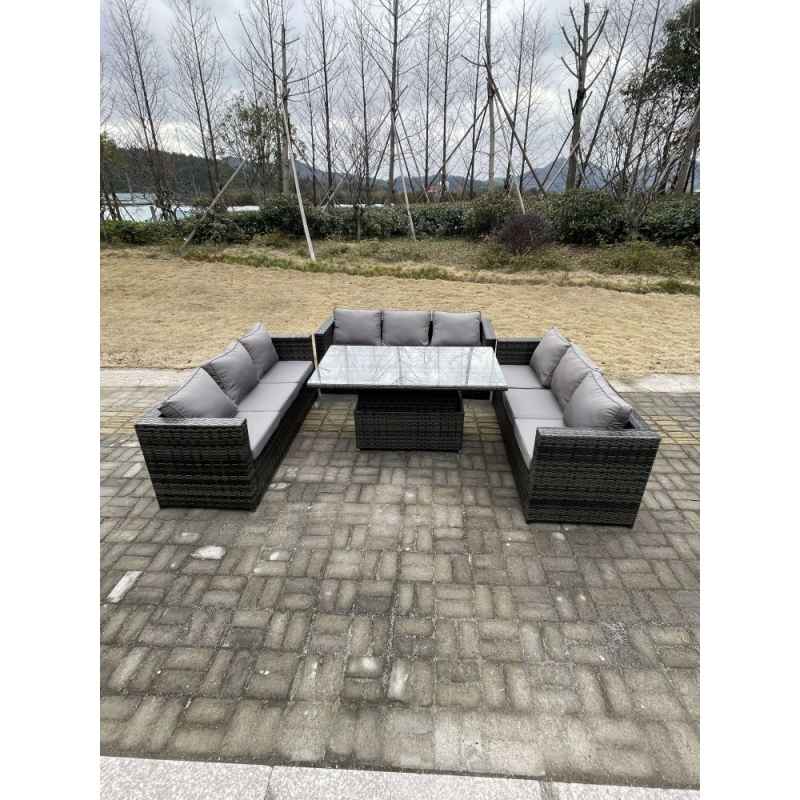Fimous 9 Seater?Outdoor Garden Furniture Rattan Sofa Set Adjustable Rising Lifting Dining Table Dark Grey Mixed