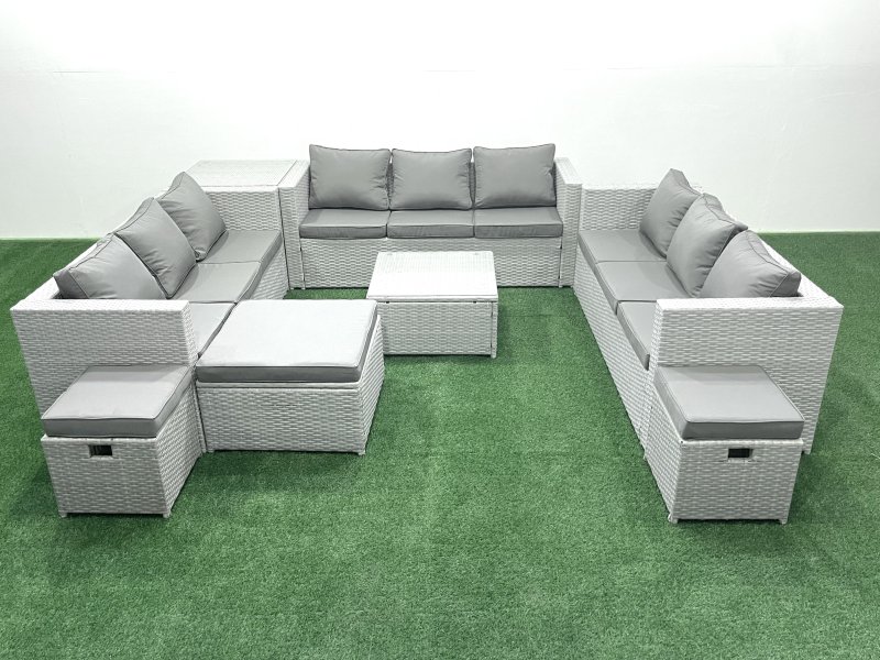 Fimous Rattan Garden Outdoor Furniture Set 12 Seater Rattan Garden Sofa Set with 3 Footstools Side Table Light Grey Mixed