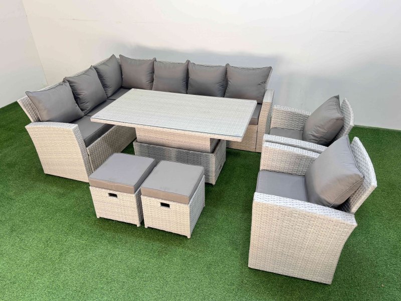 Fimous 10 Seat Rattan Outdoor Garden Furniture Corner Sofa Set Adjustable Lifting Dining or Coffee Table Set with 2 Small Footstools Light Grey