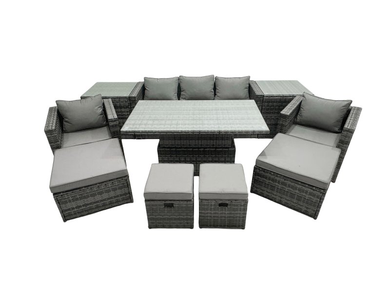 Fimous PE Rattan Garden Furniture Set Lounge Sofa Rising Dining Table Set with 2 Side Tables 4 Footstool Dark Grey Mixed