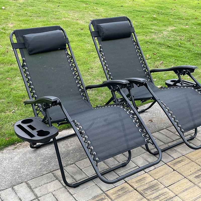 Fimous 2 PC Folding Chair Adjustable Sun Lounger With Cup Holder black