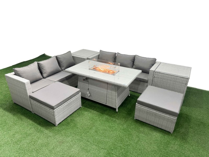 Fimous 8 Seat PE Rattan Lounge Sofa Set Outdoor Garden Furniture Set with Firepit Dining Table 3 Seater Sofa 2 Stools 2 Side Tables Light Grey