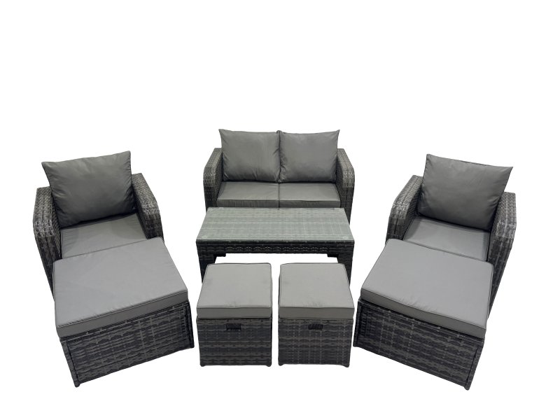 Fimous 3 Seater Sofa Reclining Chair Coffee Table Set Rattan Garden Outdoor Furniture Set with 4 Stool Dark Grey Mixed