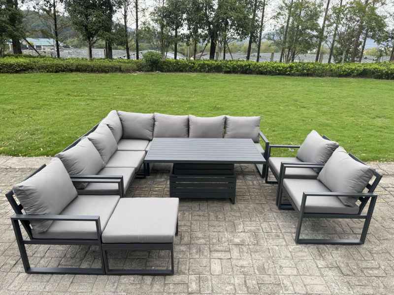 Fimous Aluminium Garden Furniture Sets,9 Seater Outdoor Conversational Dining Set with Adjustable Rising Lifting Dining Table Cushions for Yard,Poolside, Patio, Dark Grey