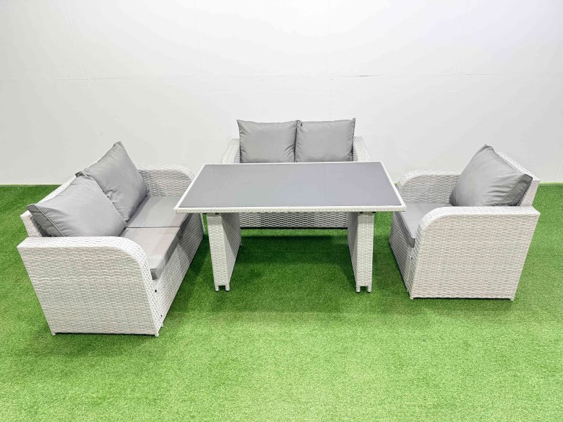 Fimous Rattan Sofa Outdoor Furniture with Dining Table,Love Sofa Patio Furniture Light Grey 5 Seater
