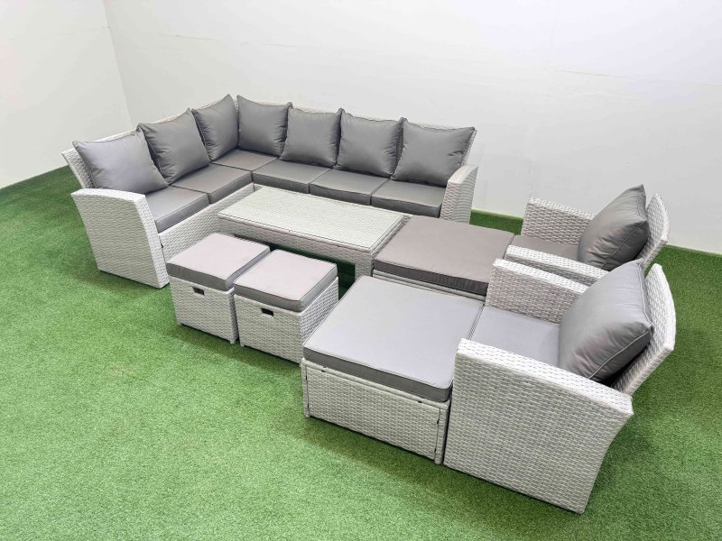 Fimous Rattan Garden Furniture Set Outdoor 12 Seater Corner Sofa Sets with Oblong Coffee Table Chair 4 Footstools Light Grey Mixed