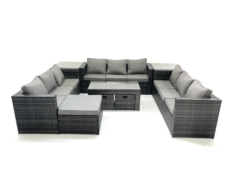 Fimous Outdoor Garden Furniture Set 9 Pieces Rattan Sofa Set with Coffee Table 3 Footstools Side Table Dark Grey Mixed