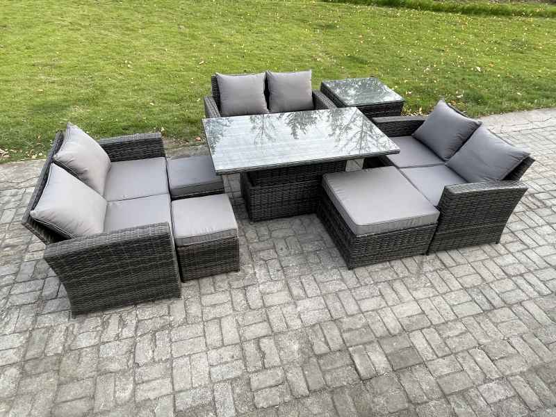 Fimous Wicker PE Rattan Garden Furniture Set Height Adjustable Rising Lifting Table Sofa Dining Set with Double Seat Sofa 3 Footstools Side Table Dark Grey Mixed