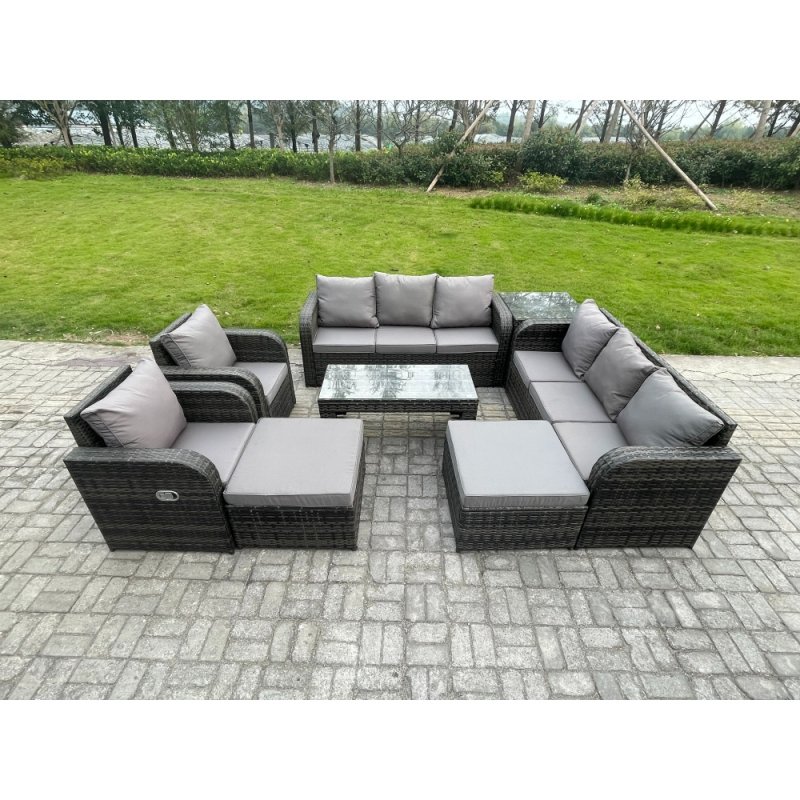 Fimous Wicker PE Rattan Sofa Set 10 Seater Outdoor Patio Garden Furniture Set with 2 Reclining Chairs Coffee Table Side Tables 2 Big Footstool Dark Grey Mixed