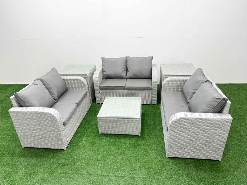 Fimous 6 Seater PE Wicker Rattan Furniture Sofa Sets with Square Coffee Table 2 Seater Love Sofa 2 Side Table Light Grey