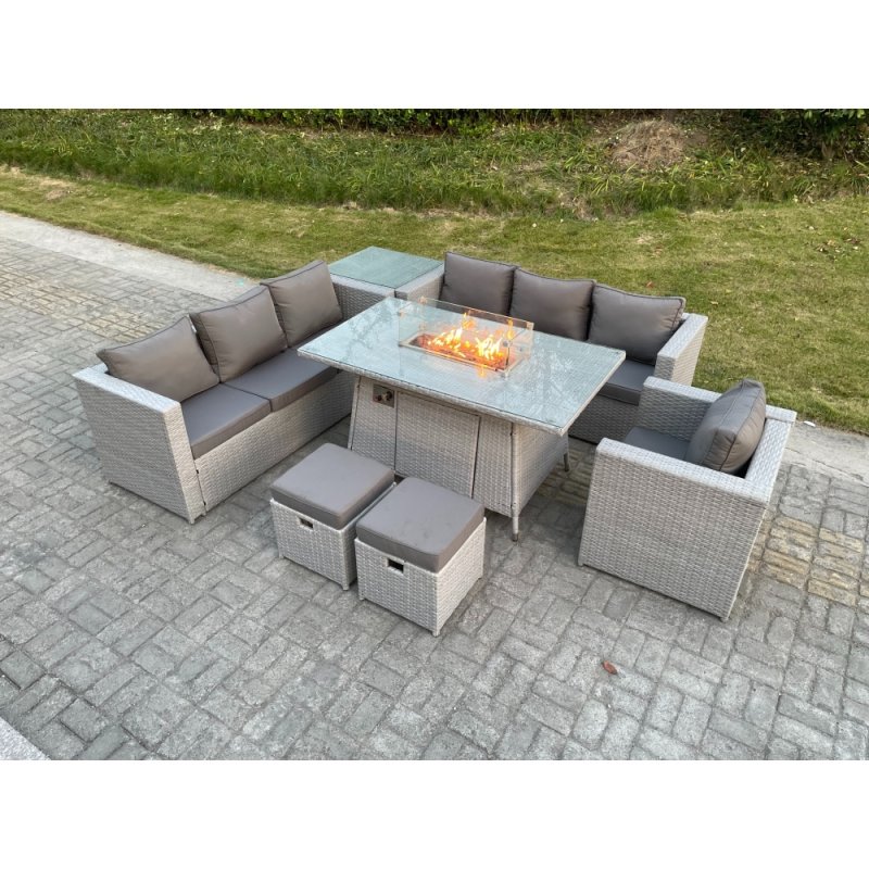 Fimous Light Grey Rattan Fire Pit Garden Furniture Dining Table Set Gas Heater Burner Lounge Sofa With Side Coffee Table