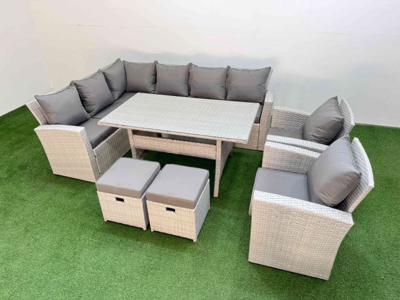 Fimous 10 Seater Rattan Garden Furniture Set Outdoor Patio Dining Corner Sofa Sets with Dining Table 2 Chairs 2 Small Footstool Light Grey Mixed