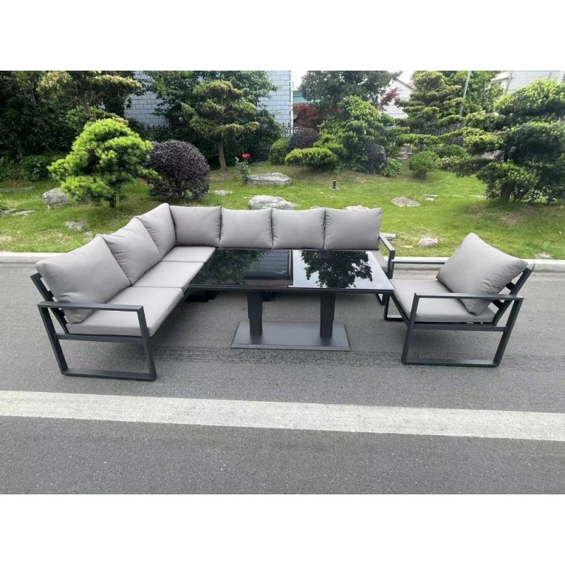 Fimous Aluminum Outdoor Garden Furniture Corner Sofa Chair Adjustable Rising Lifting Dining Table Sets Dark Grey Black Tempered Glass 7 Seater