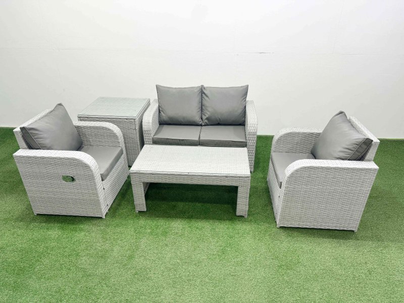 Fimous Light Grey PE Wicker Rattan Garden Furniture Set Sofa Set Reclining Adjustable Chair Oblong Coffee Table 4 Seater With Side Table