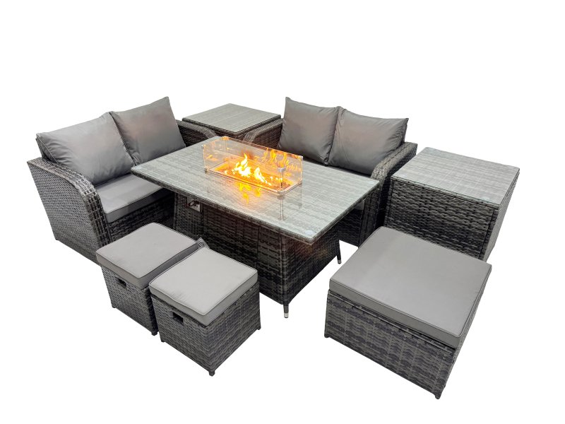 Fimous 7-seater Patio Gas Firpit Dining Table Sofa Sets Rattan Garden Furniture Dining Set with 3 Stools 2 Side Tables Dark Grey Mixed