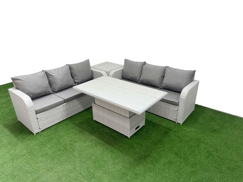 Fimous Outdoor Garden Furniture Sets 6 Seater Wicker Rattan Furniture Sofa Sets with Adjustable Lifting Dining or Coffee Table high Back Lounge Sofa Side Table Light Grey